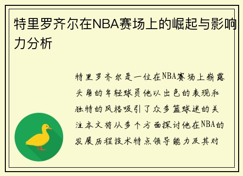 特里罗齐尔在NBA赛场上的崛起与影响力分析 特里罗齐尔在NBA赛场上的崛起与影响力分析